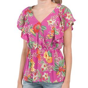 NWT women's RACHEL ZOE Wrap Body Top With Tie Waistband size S PINK multi